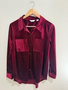 Womens Velvet Button-Front Blouse - Deep Red Medium